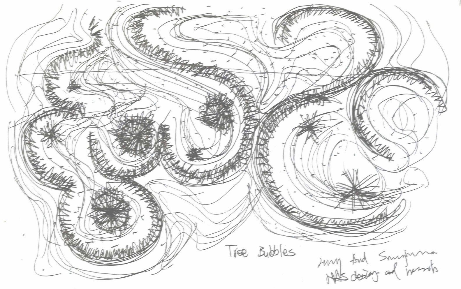 Sketch drawing showing organic circular forms clustered together with surrounding vegetation and pathways