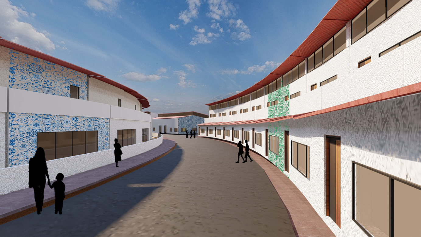  Vibrant streetscape showcasing the radial layout of housing units and pedestrian pathways.