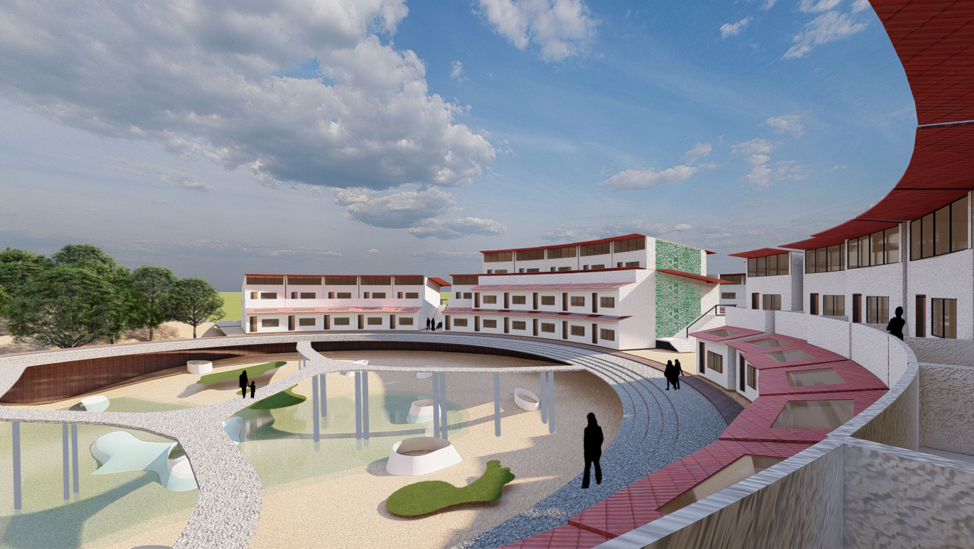 The central water-retention area surrounded by residential clusters, promoting eco-friendly flood management.