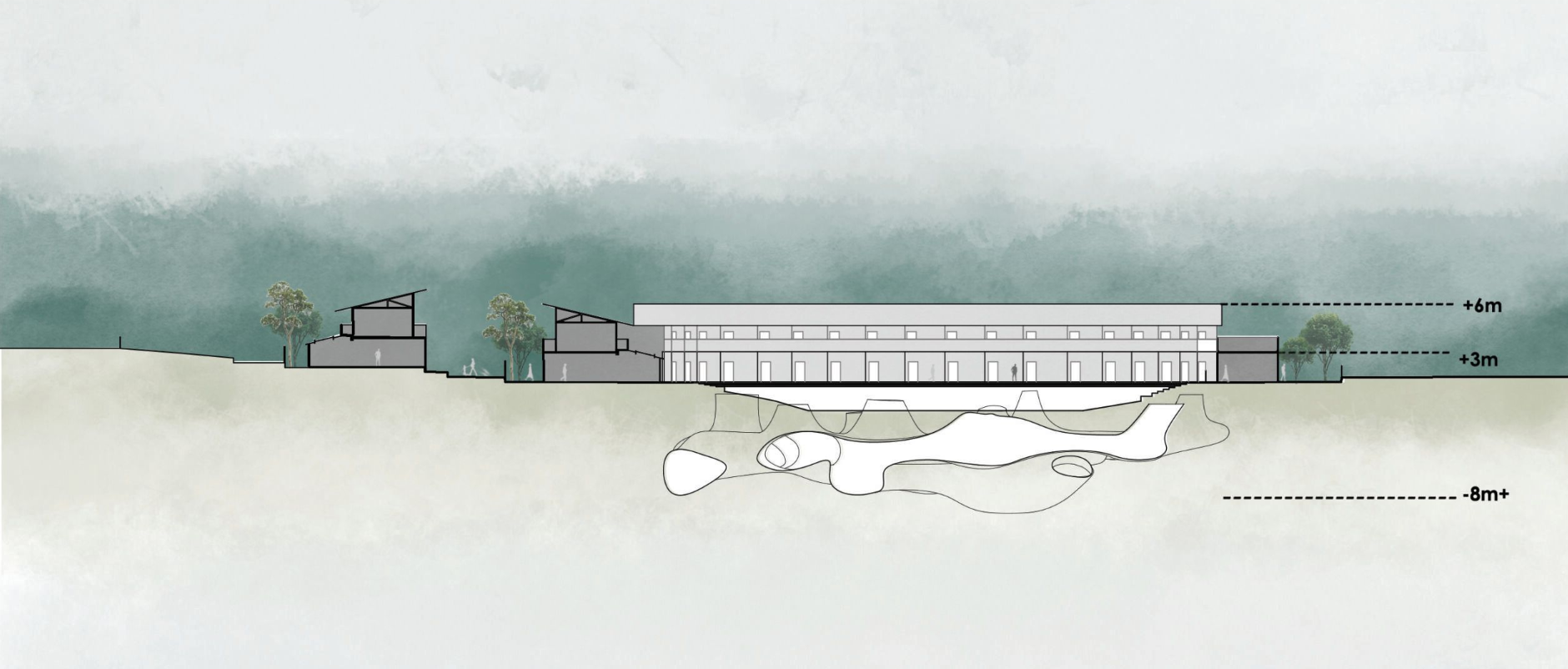 A sectional view illustrating the underground sponge system and concentric housing layers.