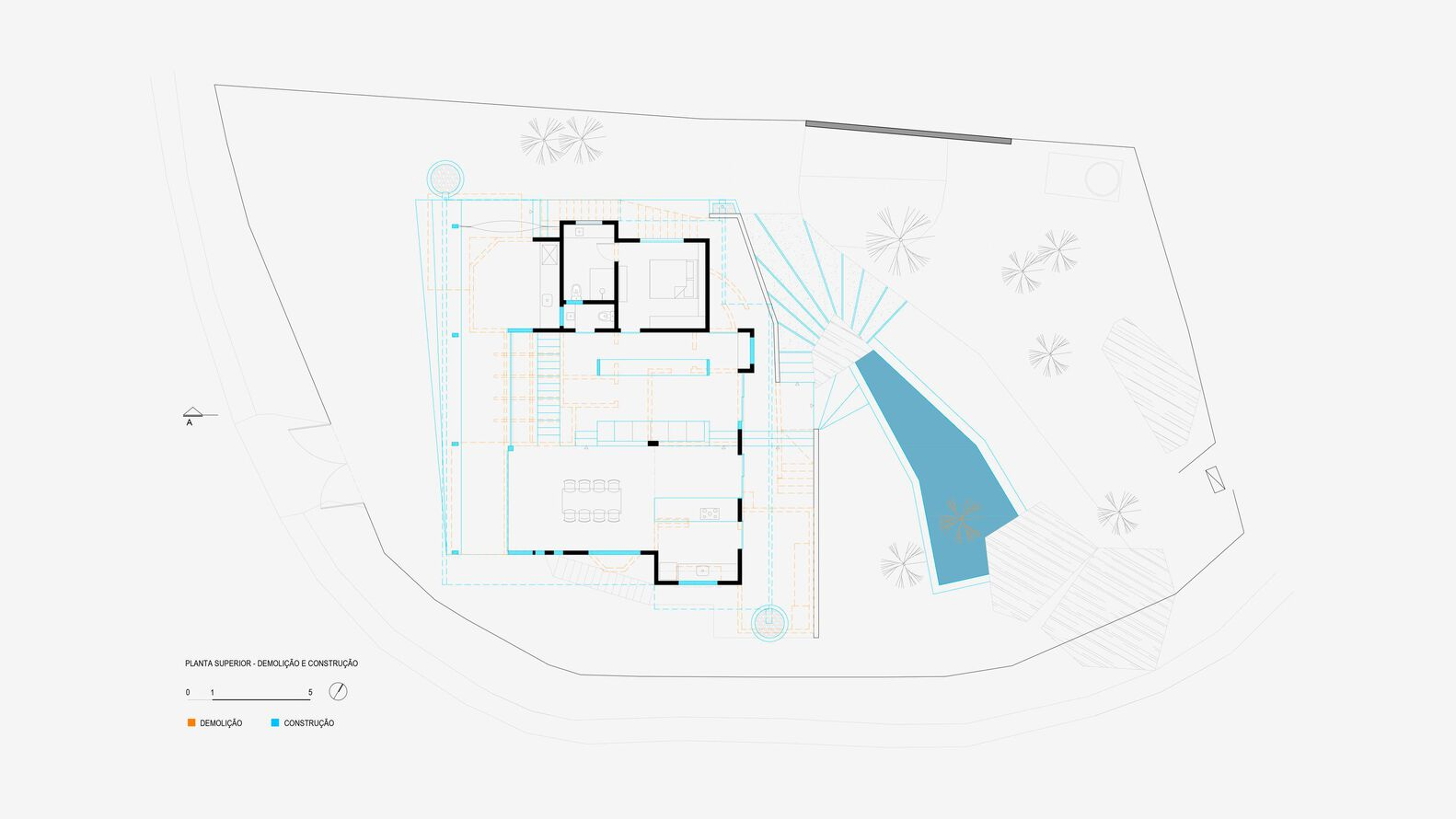 Floor plan drawing showing room layout with adjacent pool area highlighted in blue on sloping terrain