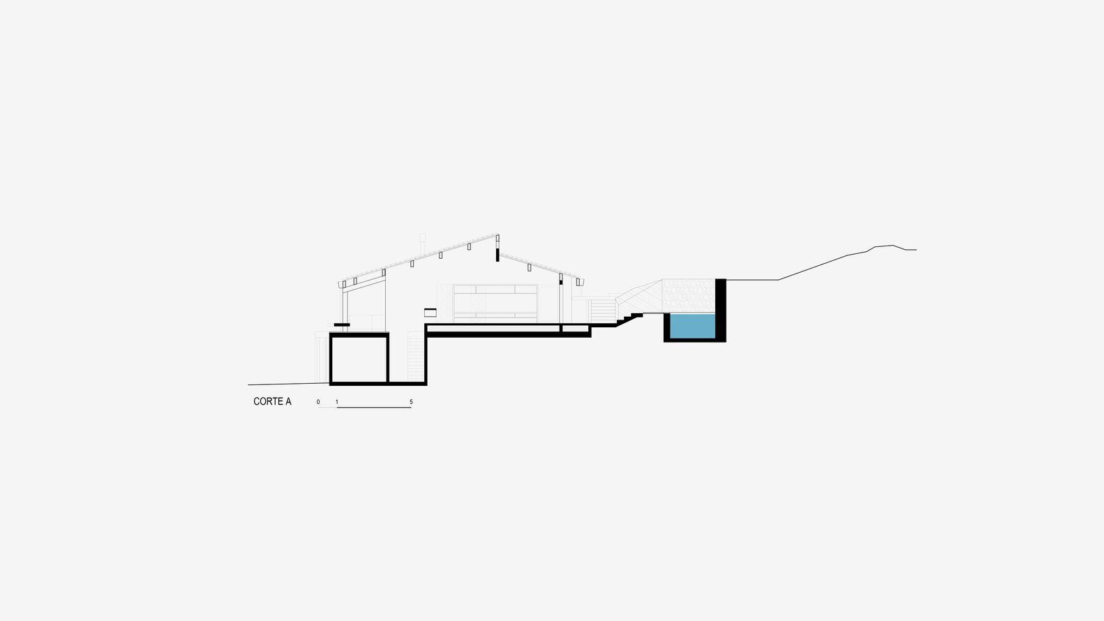 Section drawing illustrating the structure stepping down the hillside with pool at lowest level