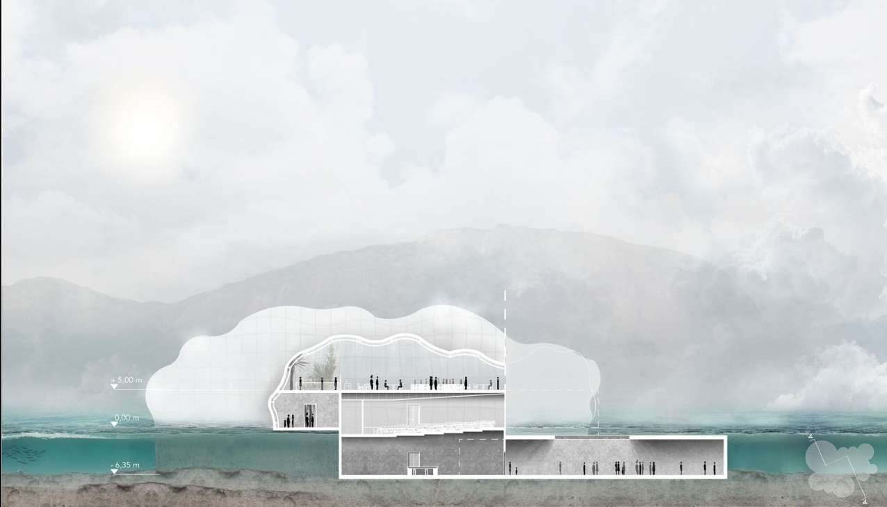 Another cross-section highlighting underwater spaces and serene architectural integration.