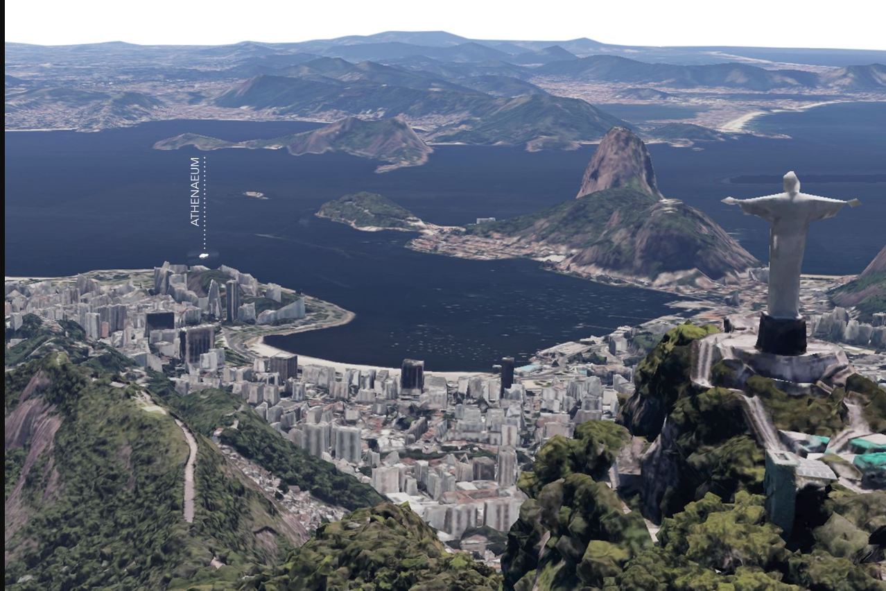 Panoramic view of Rio de Janeiro with Athenaeum positioned as a beacon on the water.
