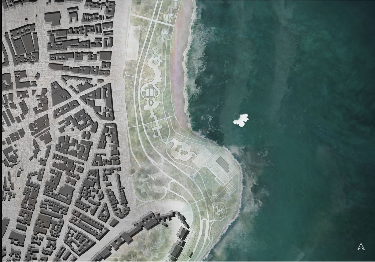 Aerial site plan showing Athenaeum's integration into the coastal environment.