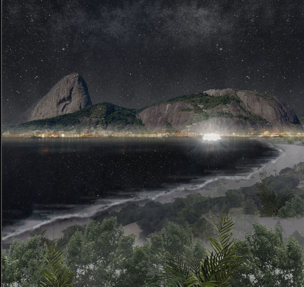 Nighttime view of Athenaeum glowing amidst nature, harmonizing with the surrounding environment.