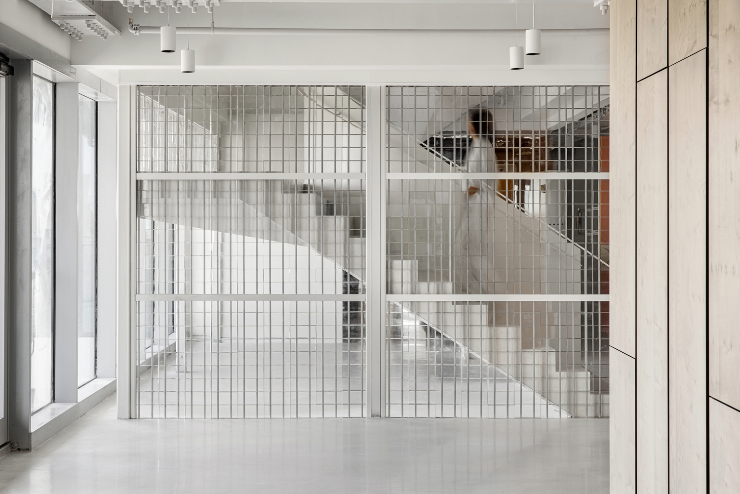 Full-height wire mesh enclosure framing the central staircase visible through translucent glass walls under suspended ceiling fixtures