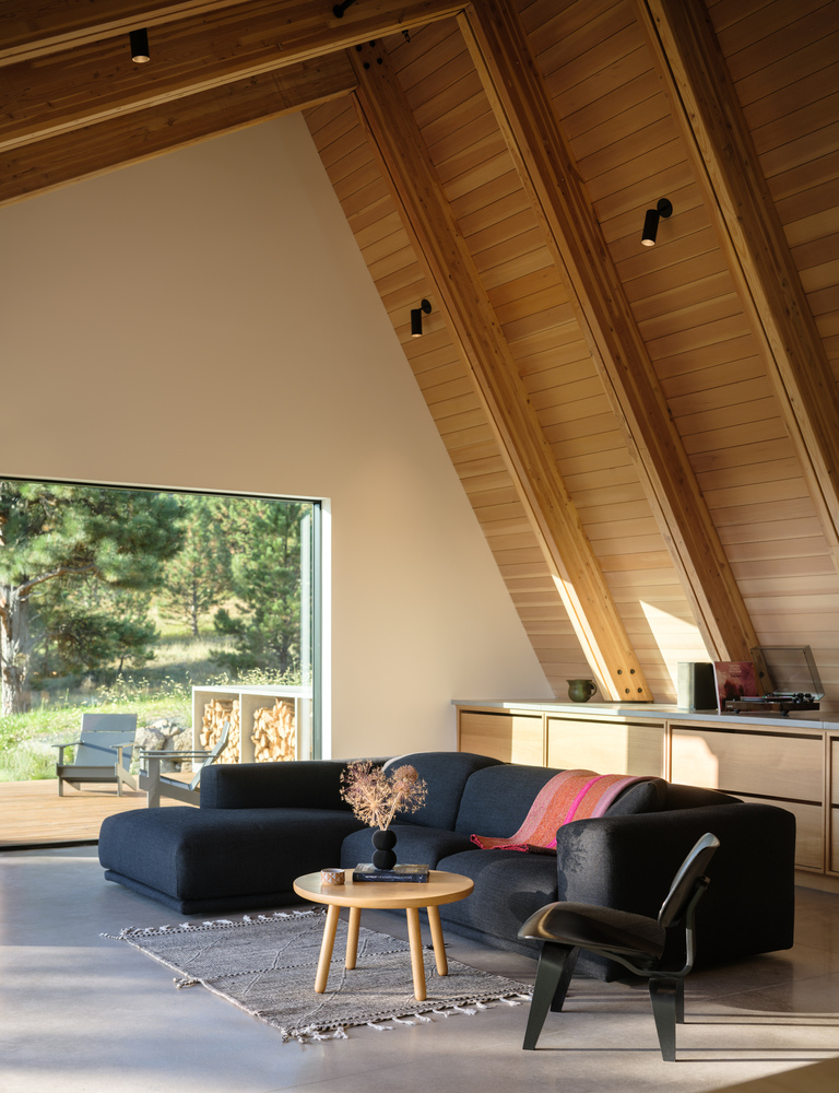 Living space with angular timber-clad ceiling and picture window framing the hillside landscape