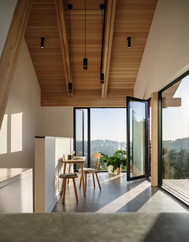 Dining area with exposed timber ceiling beams, black pendant lights, and floor-to-ceiling glazing framing hillside views