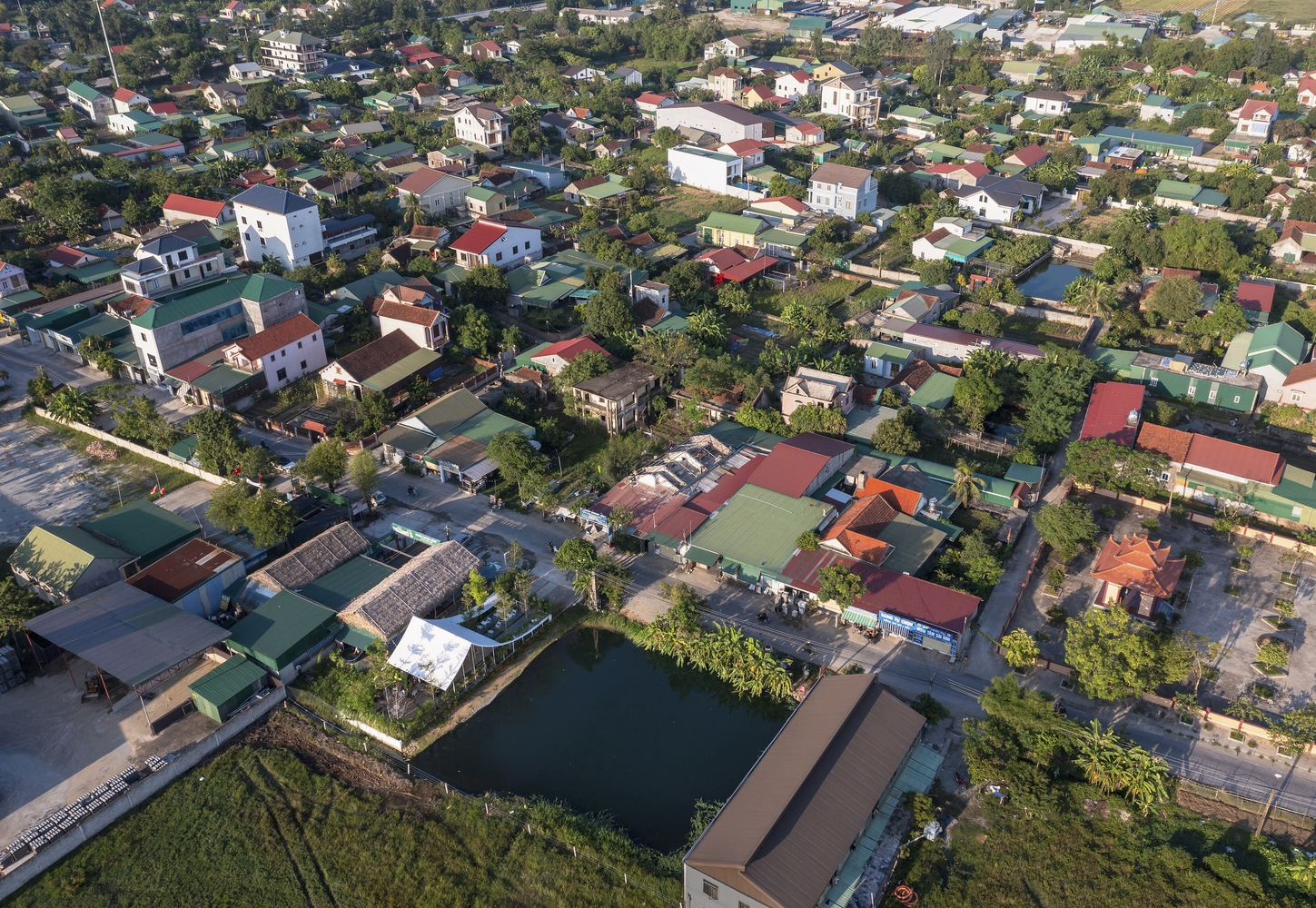 Aerial view of a residential neighborhood with varied roof colors and a central pond