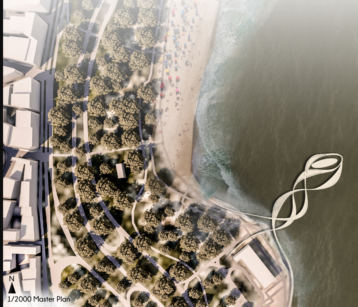 Master plan drawing showing the curving waterfront promenade, planted areas, and twisted looping structure extending into the bay