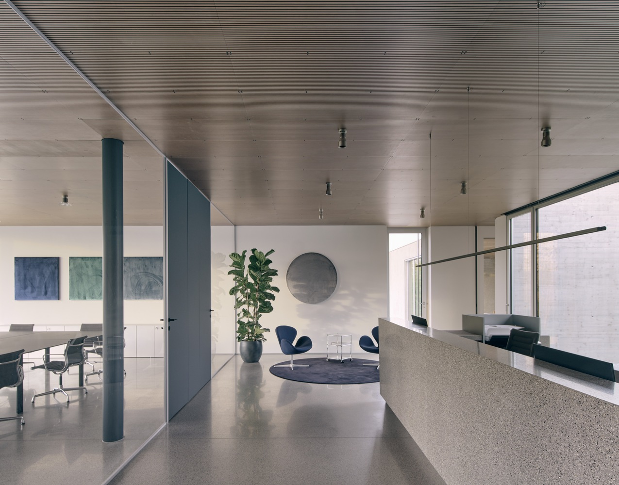 Open office lounge with blue chairs and round rug beneath timber ceiling with steel column