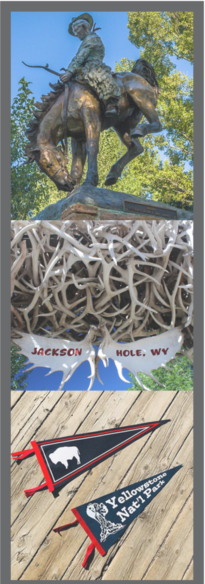 Highlights iconic Jackson Hole features like the antler arch and historic monuments.