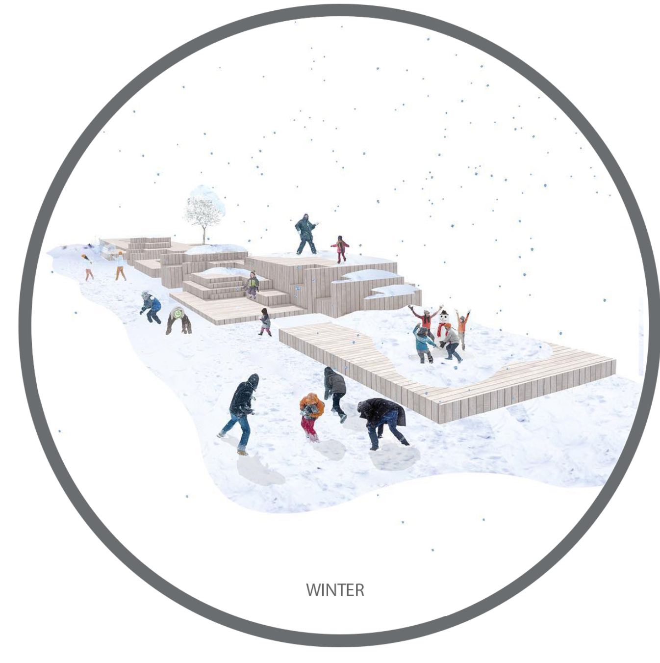 Depicts GUJAR transformed into a snowy playground, with children and adults engaging in winter festivities.