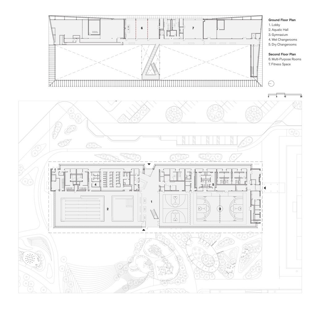 Site plan and floor plan drawings showing a linear building with pool and courts adjacent to landscaped areas