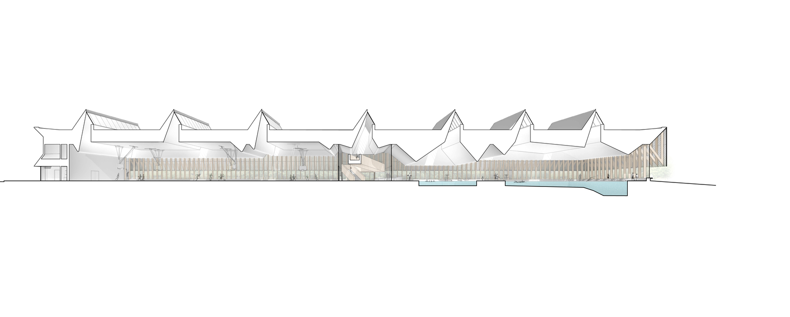 Elevation drawing showing the repeating sawtooth roof profile spanning the length of the facility