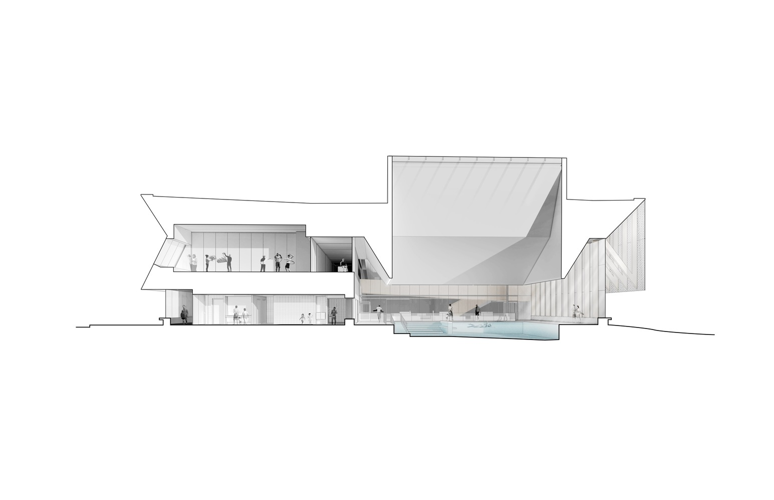 Section drawing revealing the double-height pool hall with angular roof and adjacent programmatic volumes
