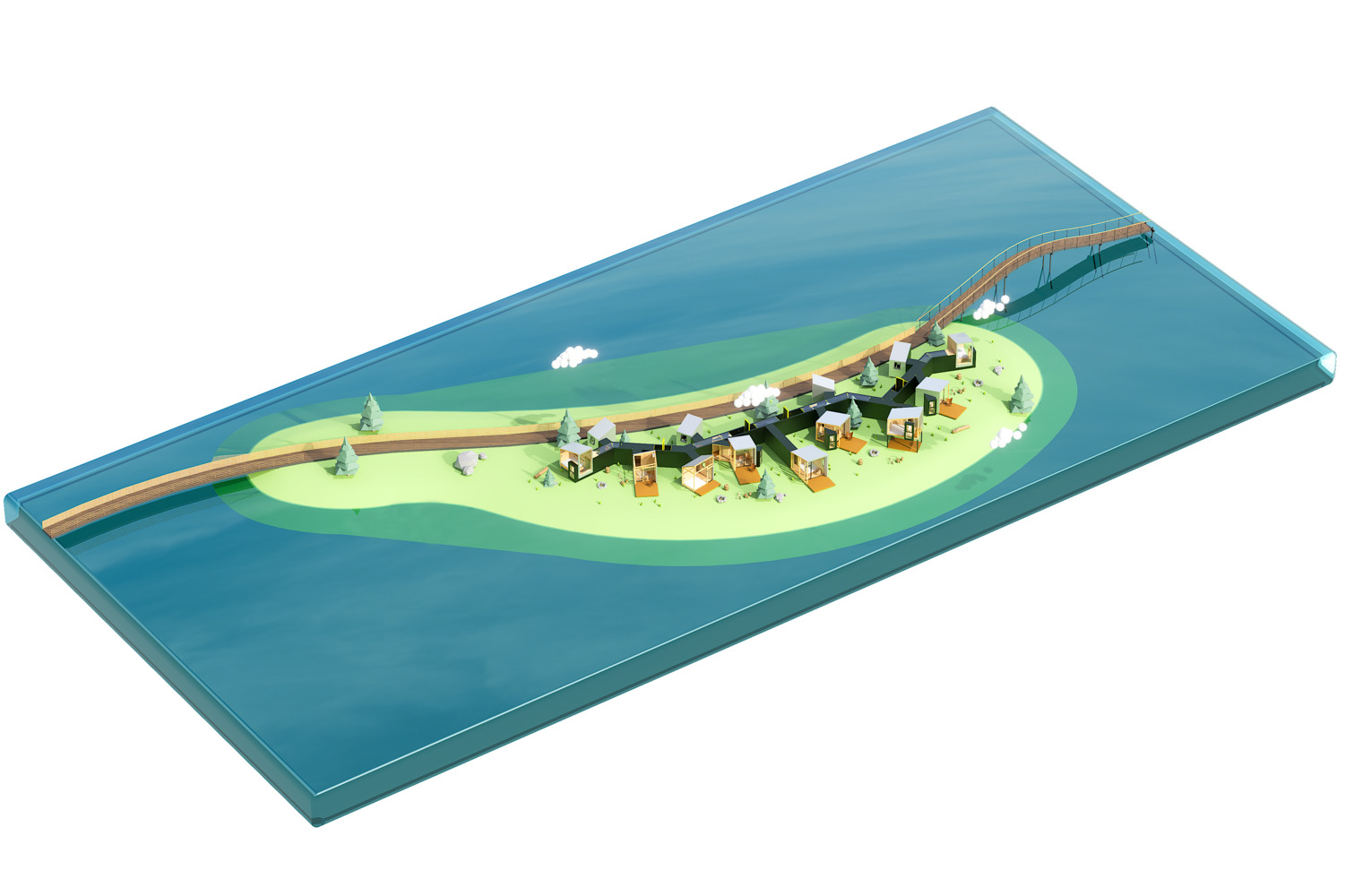Axonometric drawing showing a cluster of structures on a curved island with pedestrian bridge