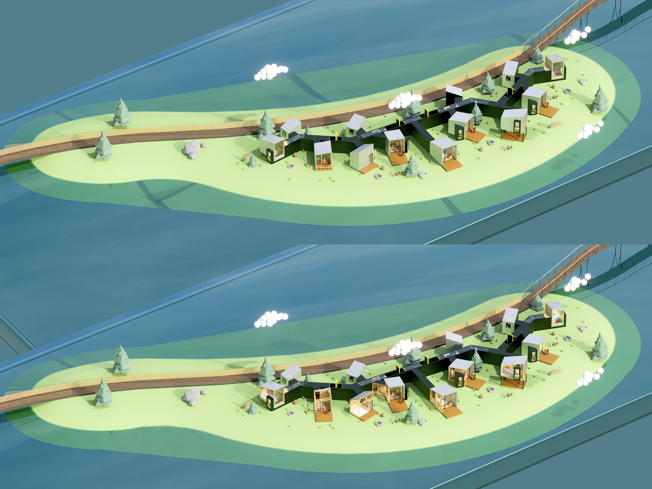 Axonometric drawing of a linear settlement on an island flanked by roadways and waterways