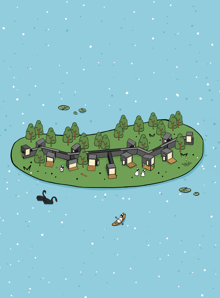 Illustrated aerial view of a wooded island settlement surrounded by water with scattered figures