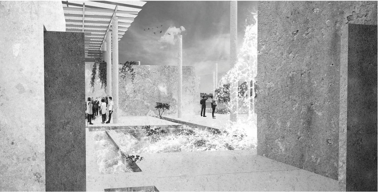 Community and Nature Engagement: A space designed for interaction, connecting people with natural elements within an architectural framework.