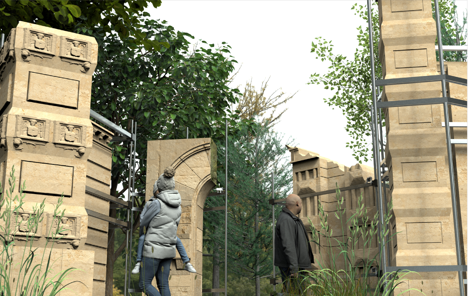 Visitors exploring a reconstructed heritage-inspired installation blending past and nature.