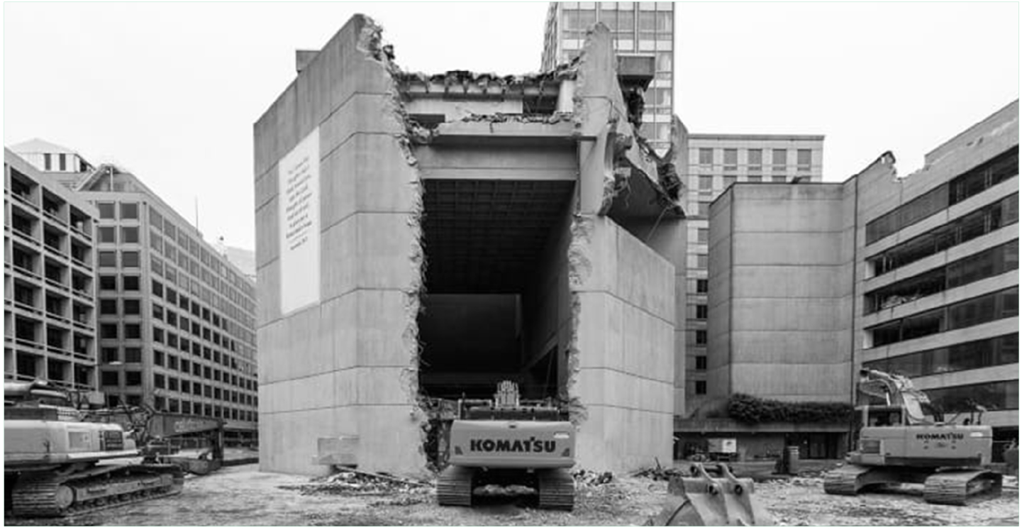 The remains of a modernist building undergoing demolition as part of Stockholm's urban renewal.