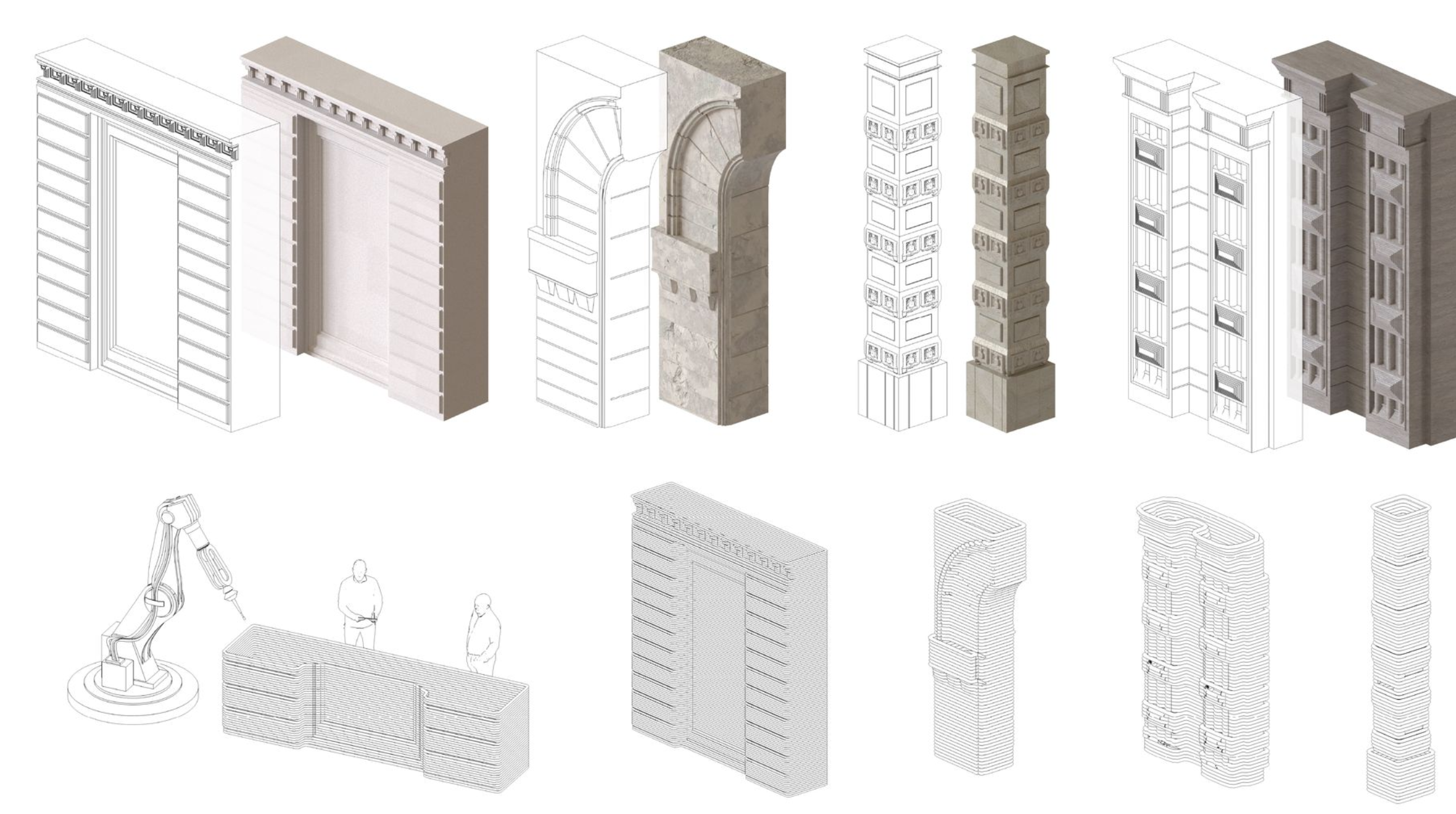 Conceptual renderings of reconstructed architectural elements using sustainable materials.