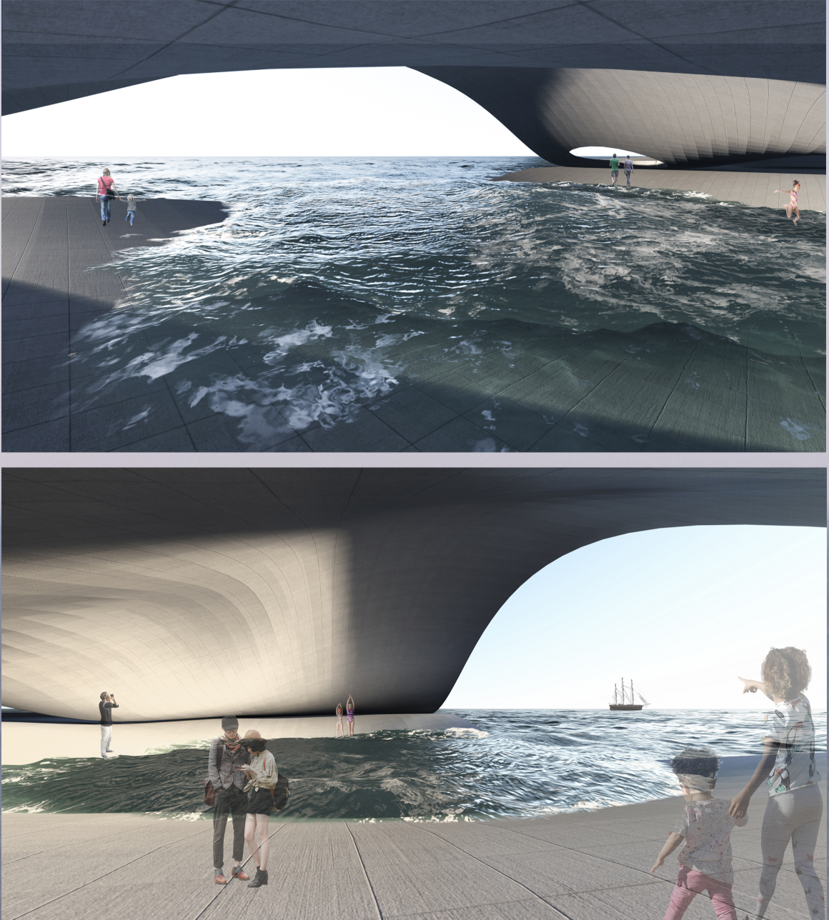 Interactive Waterfront: Dynamic interaction between architecture and natural water elements.