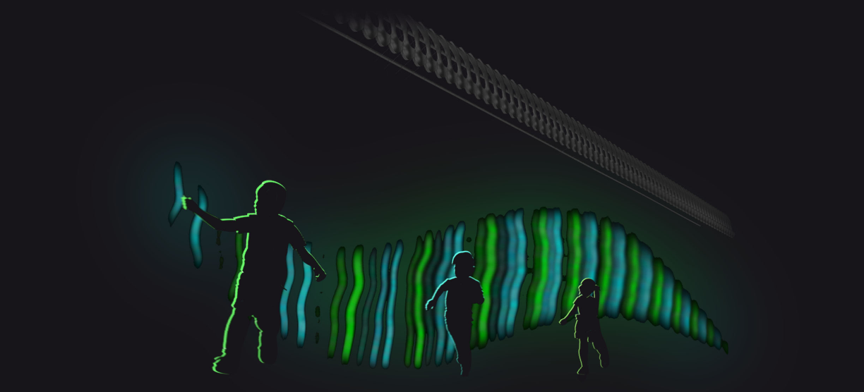 A playful space where children interact with neon strings to create music and light patterns.