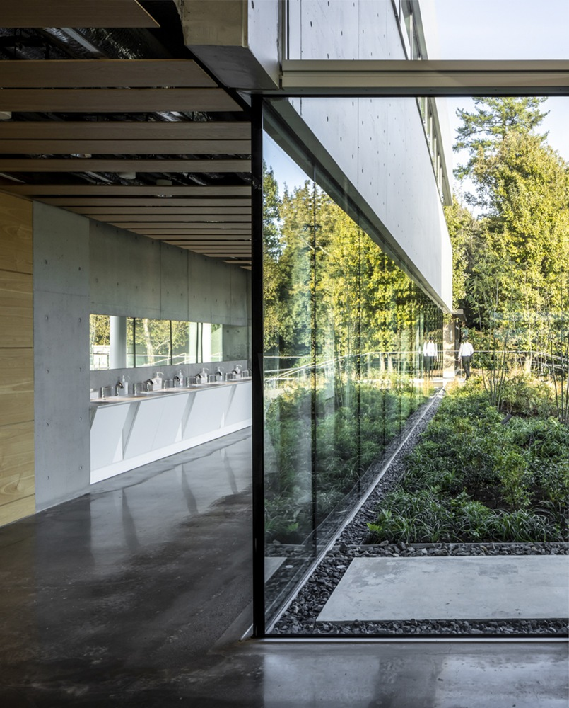 Glass threshold between interior washroom and exterior planted courtyard with person visible outside