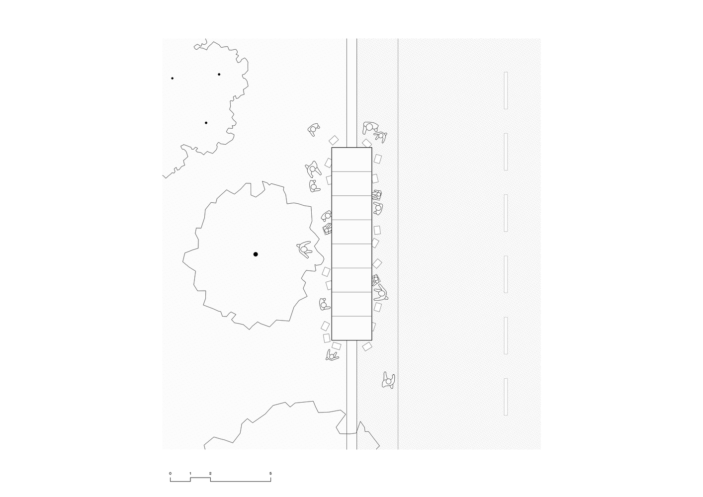 Plan drawing showing linear structure with seating elements adjacent to tree canopy and roadway