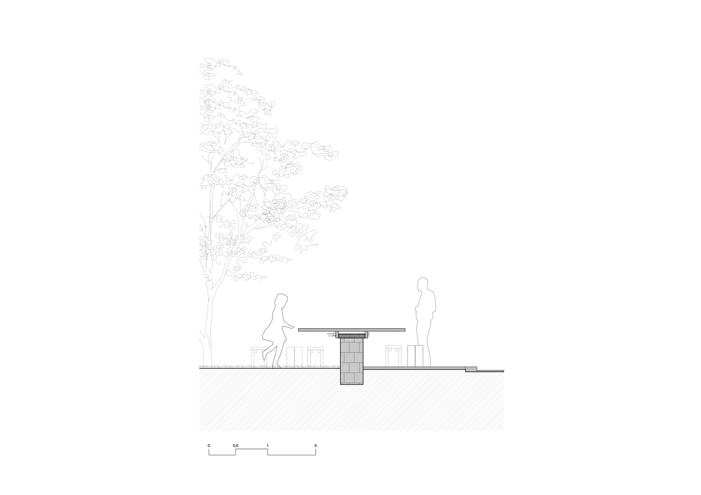 Section drawing showing low pavilion with masonry core and two figures beneath tree canopy