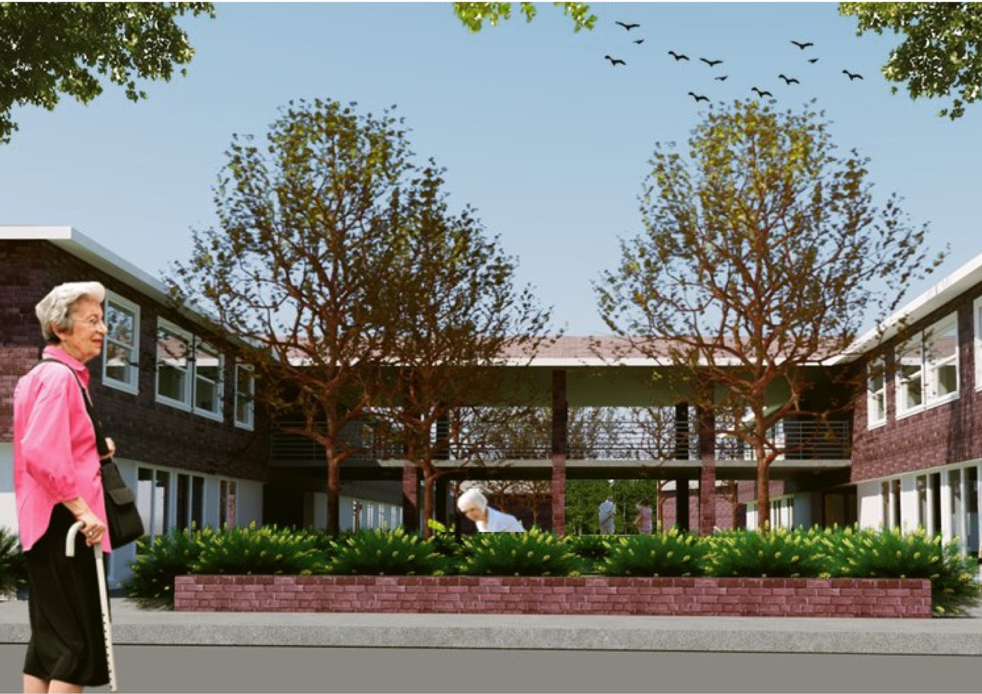 A serene courtyard designed to encourage outdoor activities and community interaction.