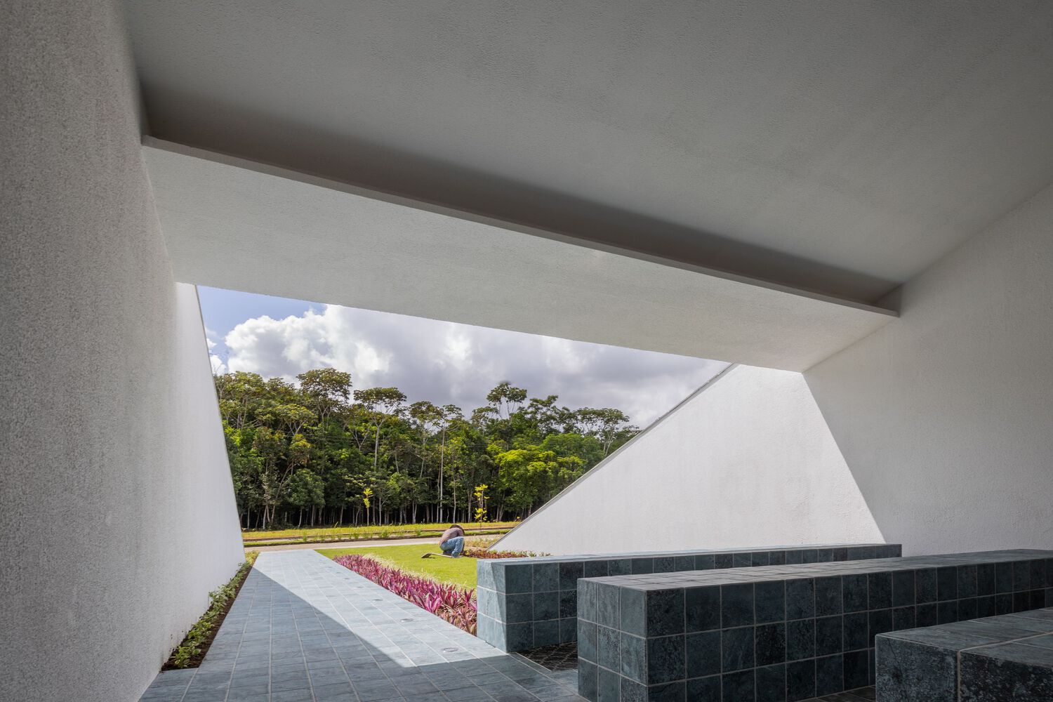 Angled opening framing lawn and planted beds with dark stone steps in foreground under clouded sky