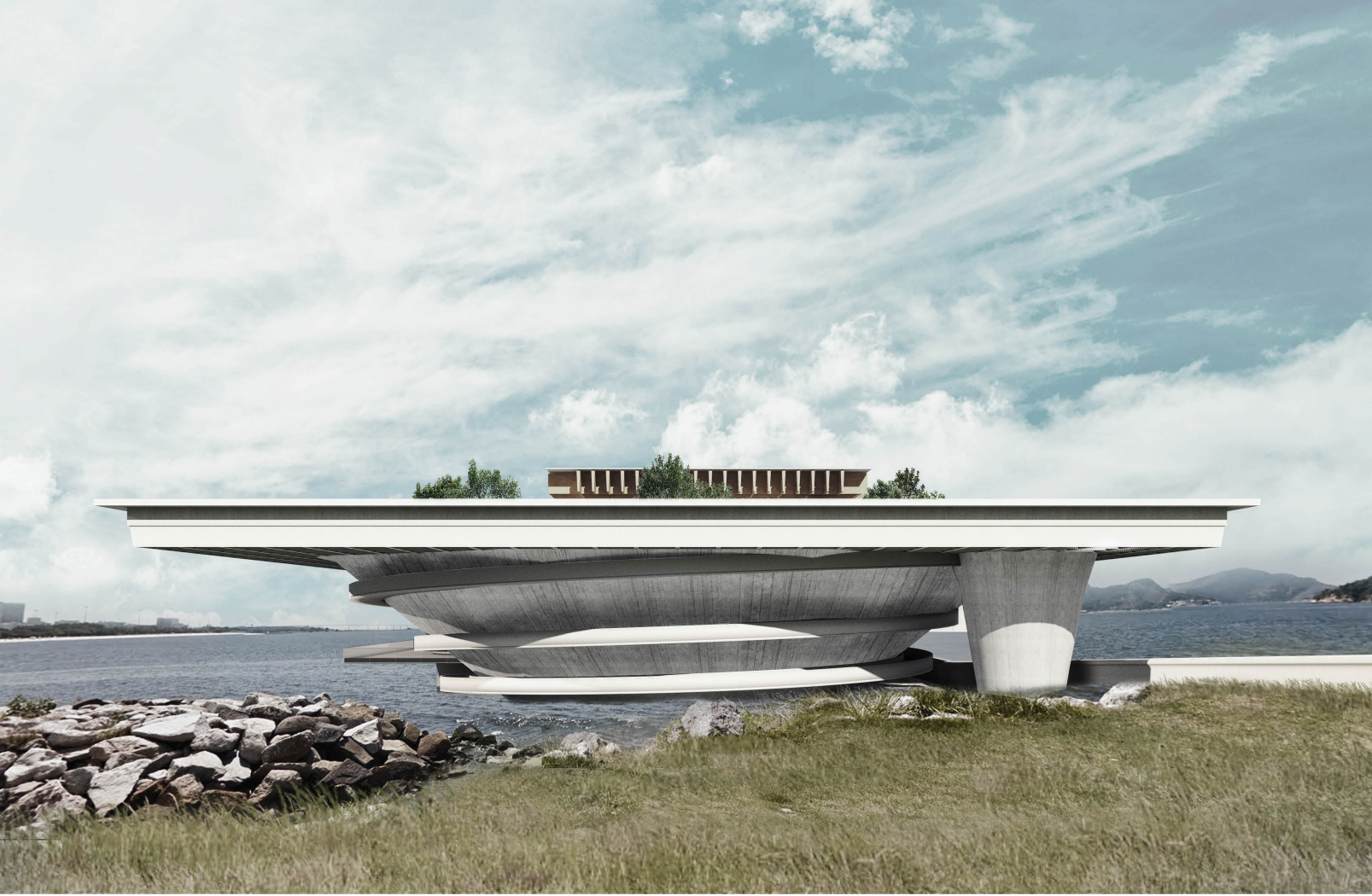 Bayfront View: The Mesh set against the bay, harmonizing modern architecture with its natural surroundings.