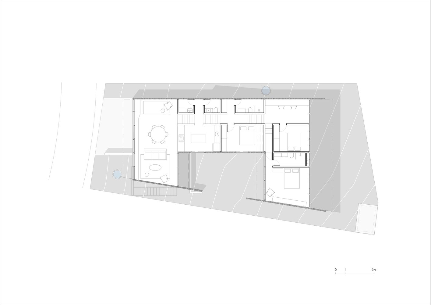 Floor plan drawing showing a linear arrangement of rooms along a sloped rectangular site