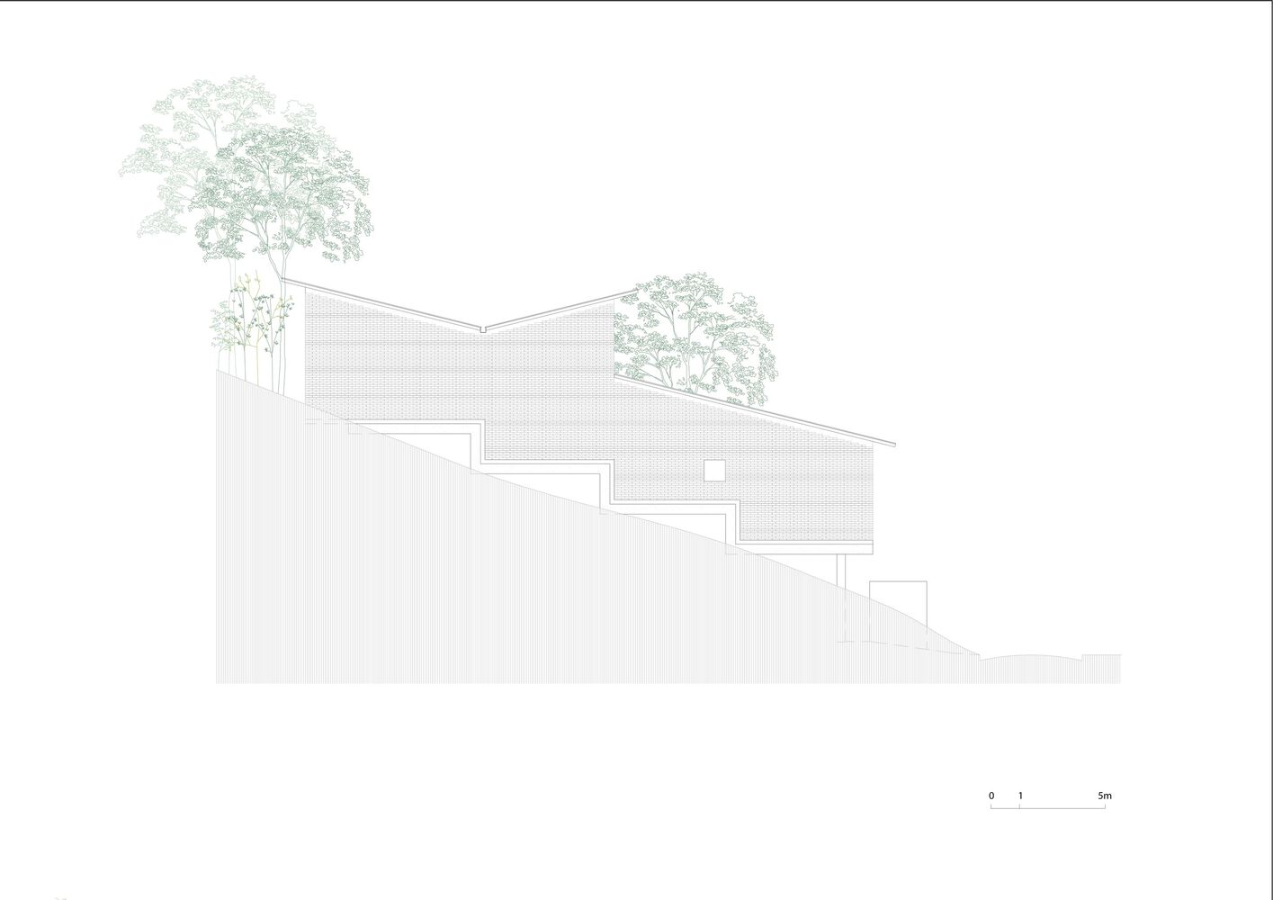 Section drawing depicting staggered volumes descending a hillside with trees flanking each end