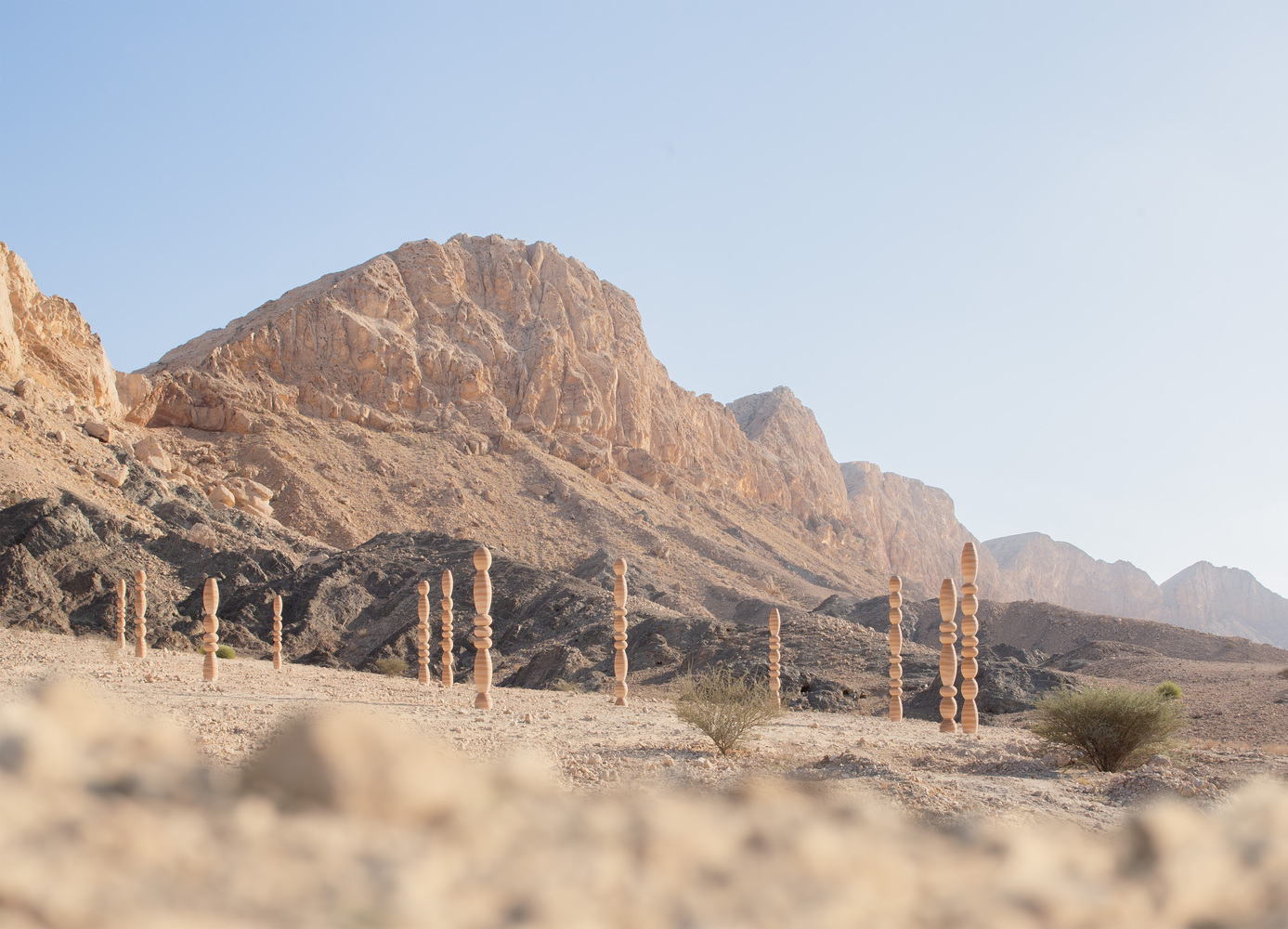 Row of timber columns stretching across a rocky plain beneath a towering sedimentary mountain face