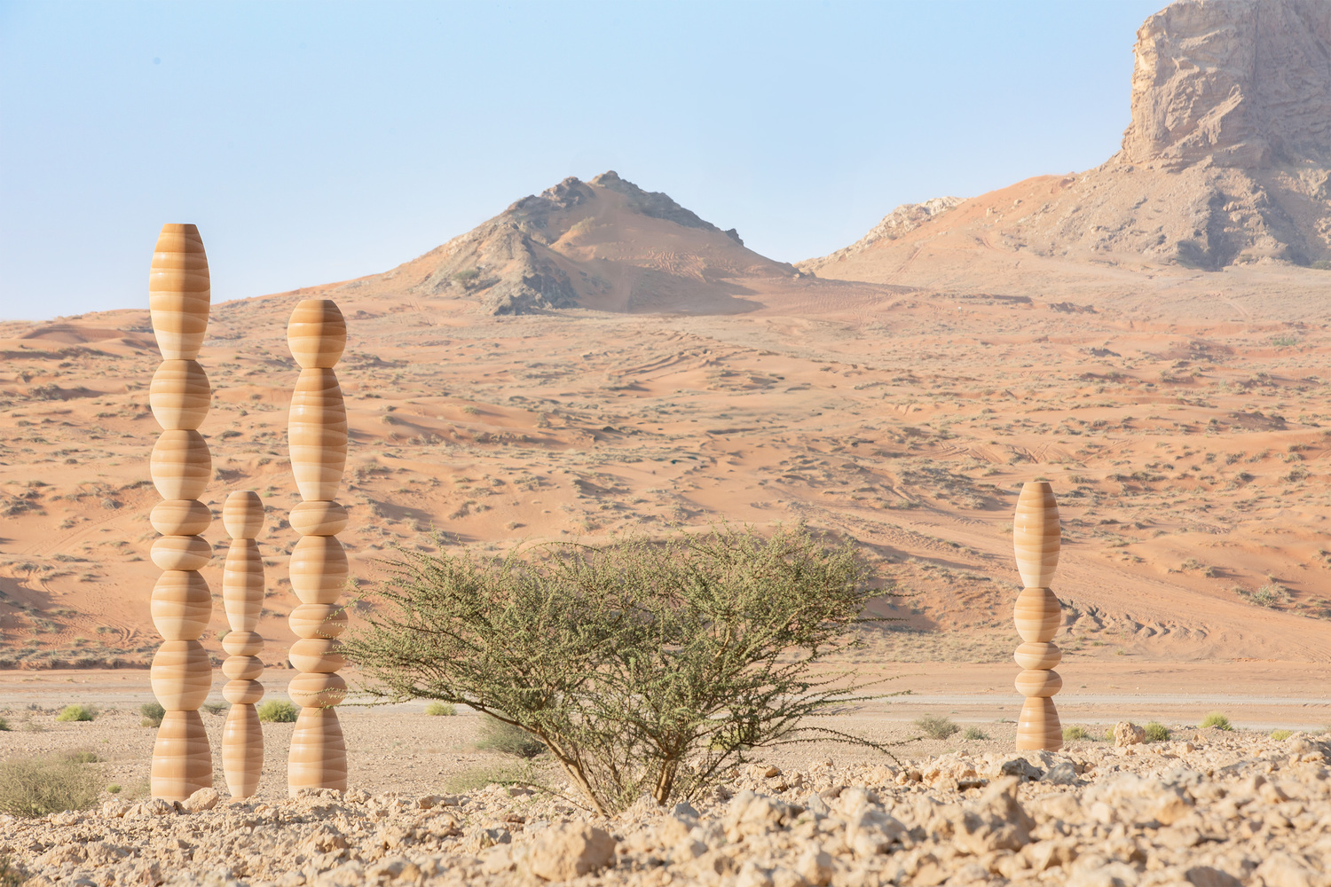 Stacked timber columns with spherical joints standing beside low desert shrubs at the base of rocky hills
