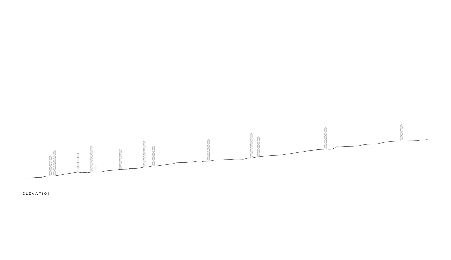 Elevation drawing showing nine vertical elements of varying heights along a sloped ground line