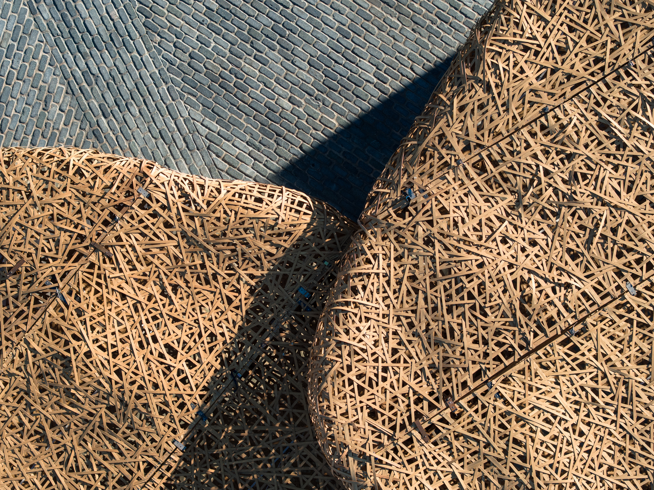 Close-up of the latticed timber canopy showing geometric weave pattern and cast shadow