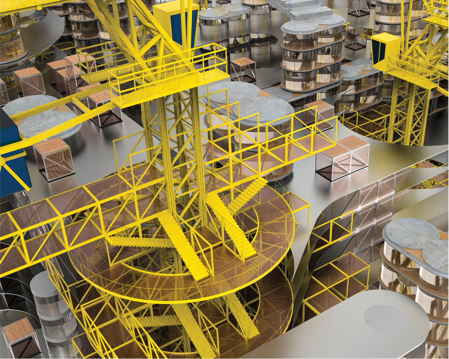 Highlighting the modular platform and staircase integration.