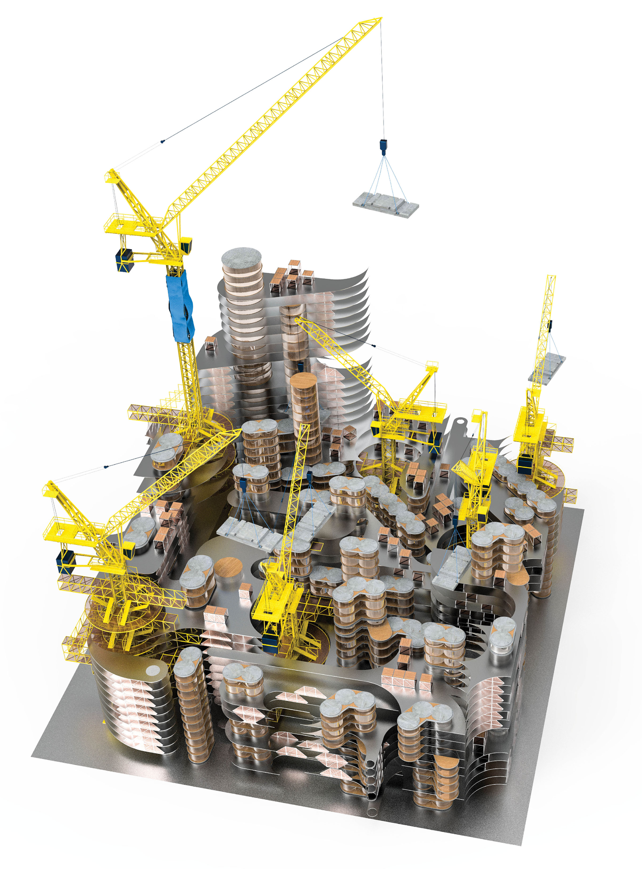 Crane-driven modular living spaces with innovative vertical growth.