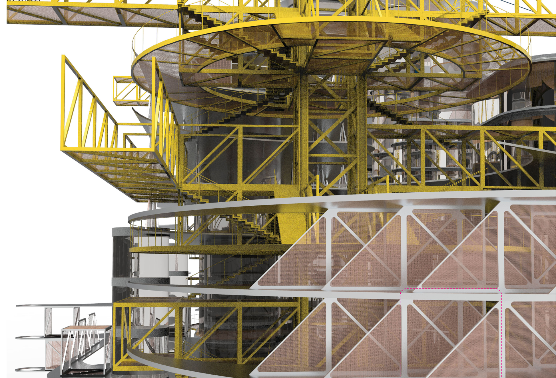 Circular terraces enabling vertical functionality and communal interactions.