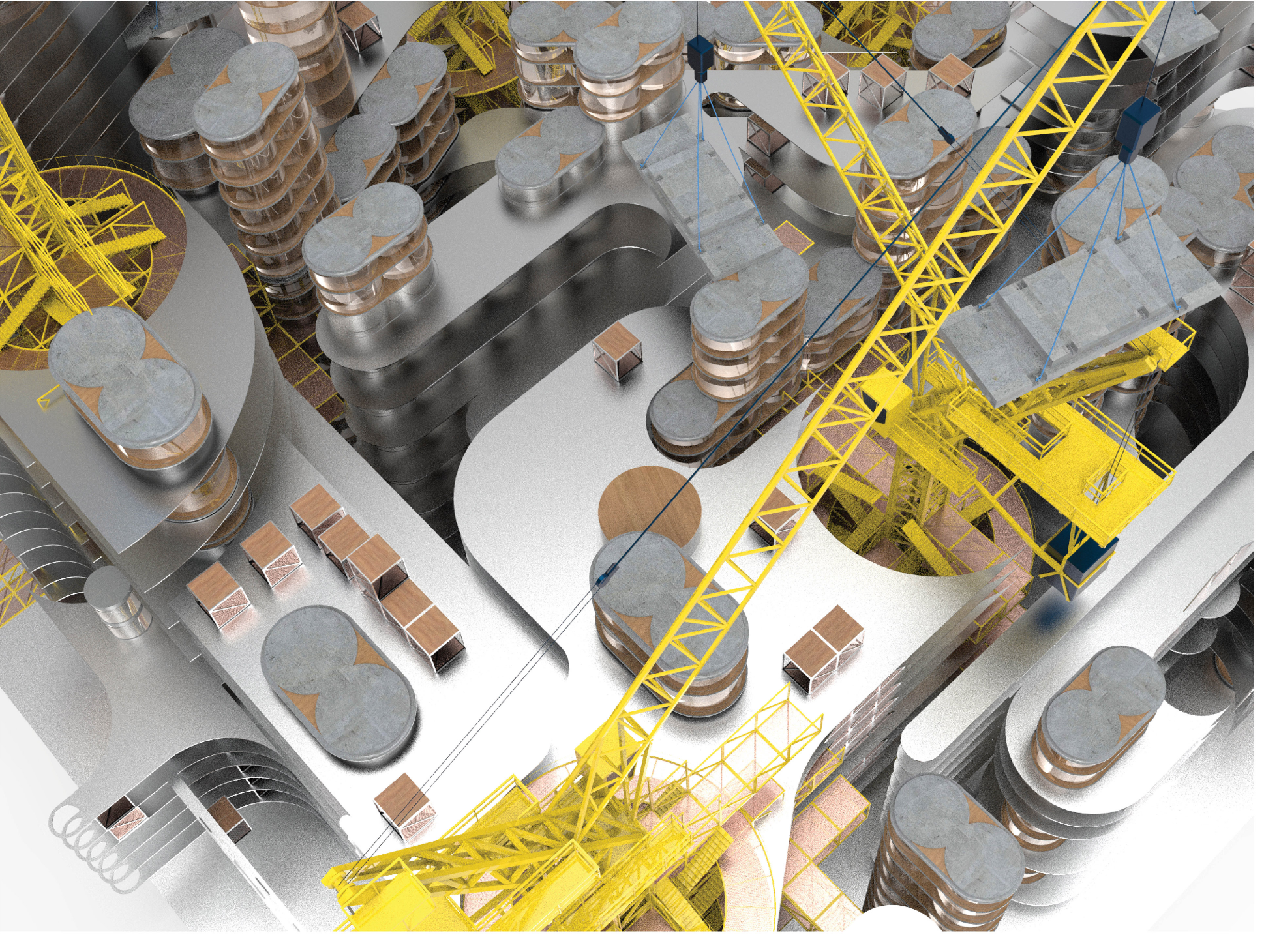 Close-up of cranes assembling individual living units.