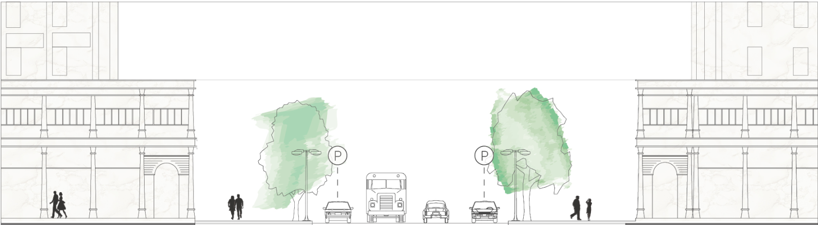Reimagining street sections to encourage walkability and accessibility.