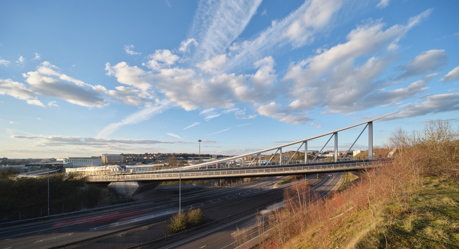 Cable-stayed pedestrian bridge spanning motorway with bare trees in late afternoon light