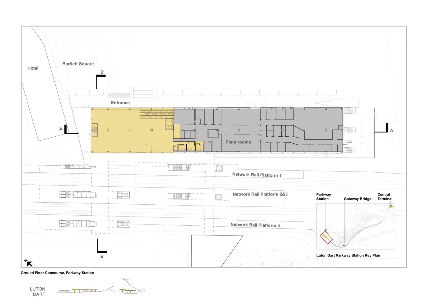 Ground floor plan drawing showing concourse entrance hall with multiple rail platforms below