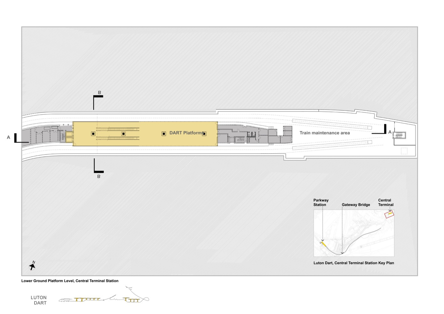 Floor plan drawing showing lower platform level with elongated transit hall and maintenance area